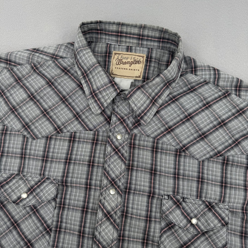 Wrangler Pearl Snap Mens XXL Gray Plaid Short Sleeve Western Cowboy Shirt